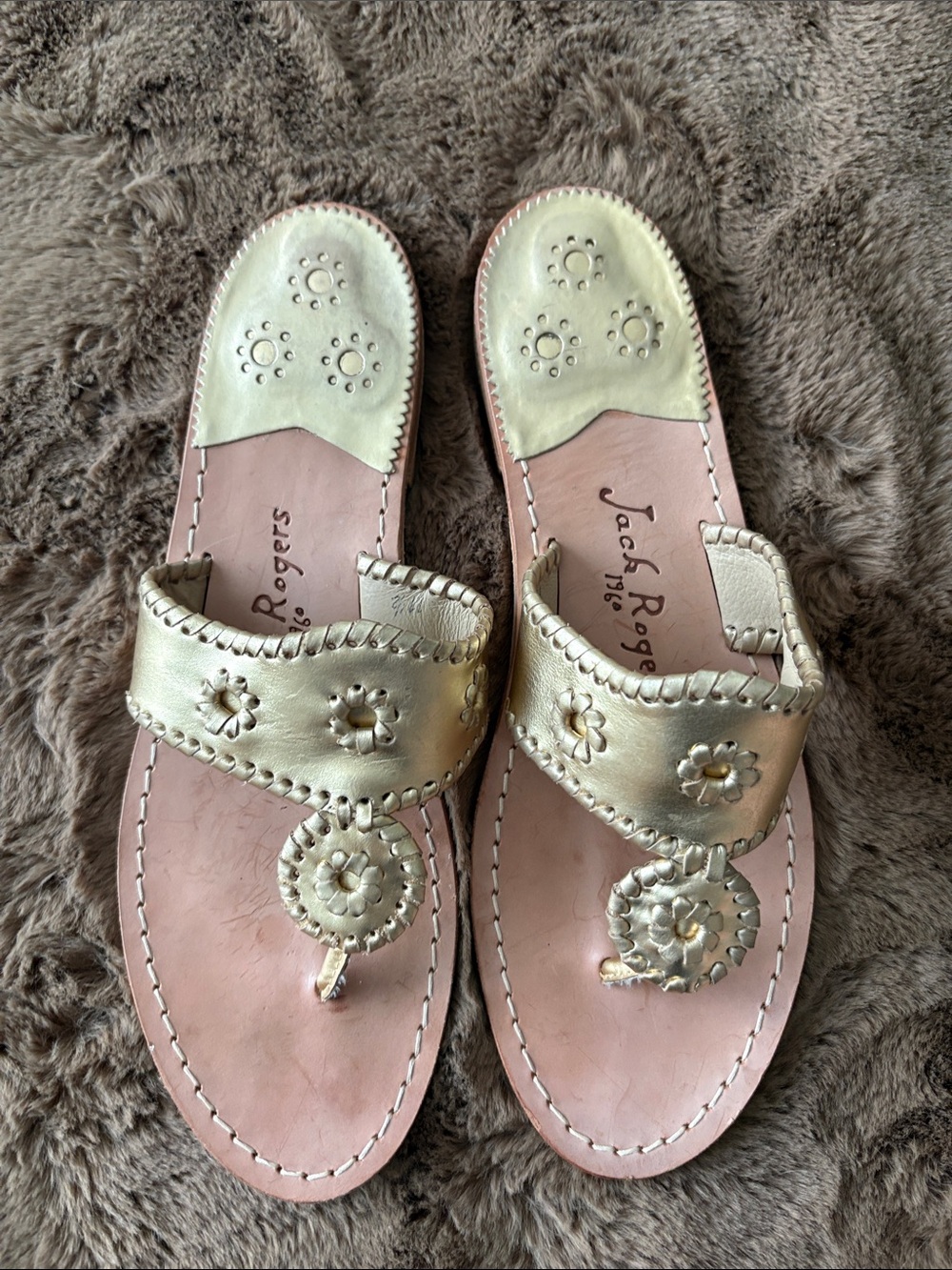Jack Rogers Metallic Gold Lotus Whipstitched Leather Sandals